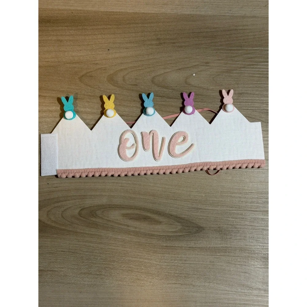 First Birthday Bunny Crown Baby OS White‎ Felt Pom Pom NEW Set of 5